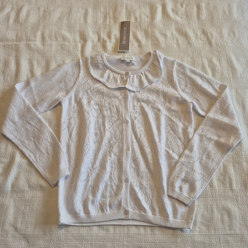 Trendstitch girls size 11-12 years white heart design shimmery knit cardigan NWT